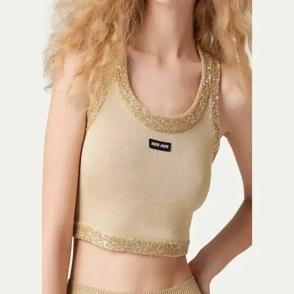 Miu Miu Beige and Gold Glitter Crop Top - Picture 2 of 6